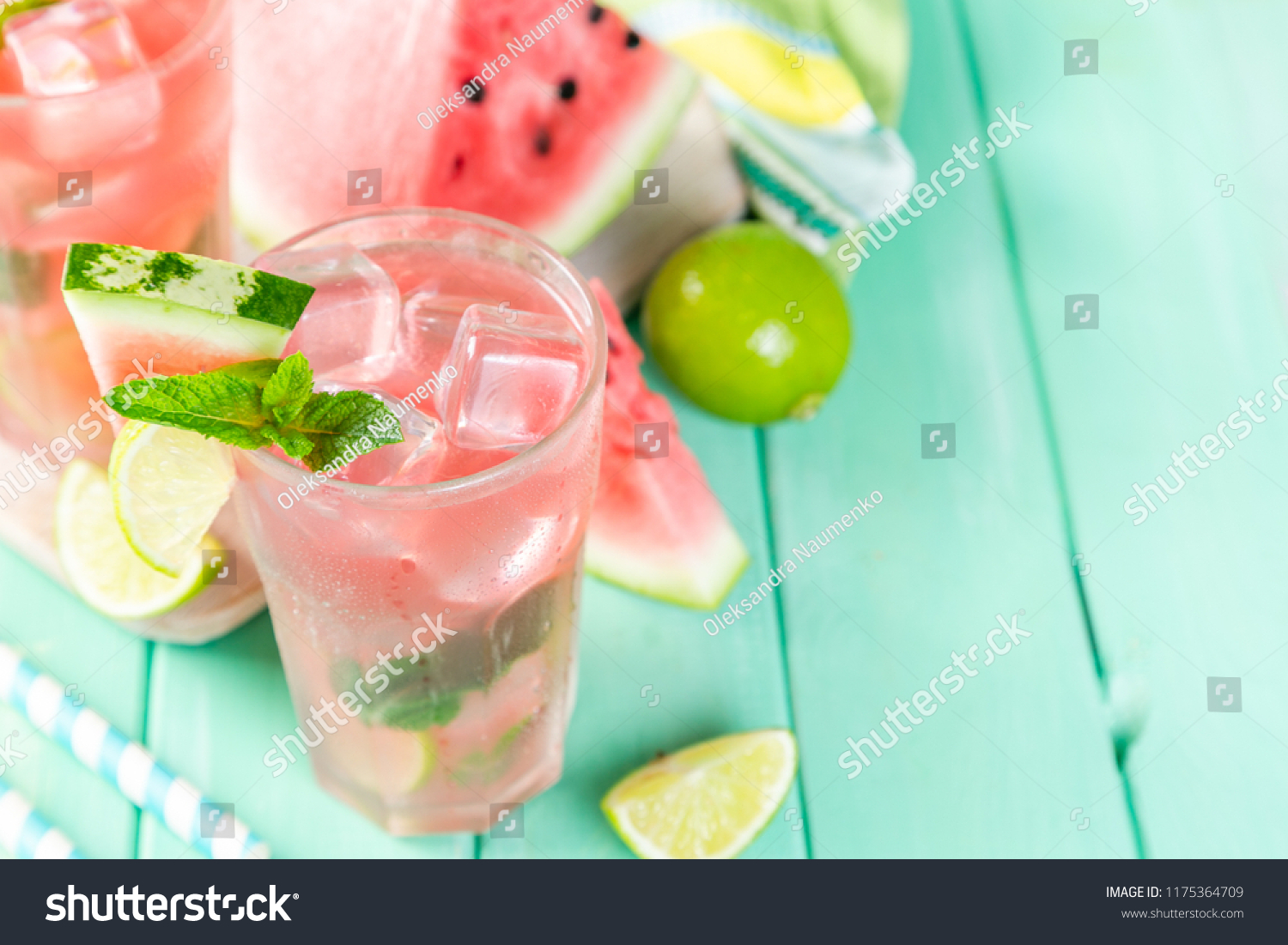 Watermelon lemonade with lime and mint, wood background, copy space #1175364709