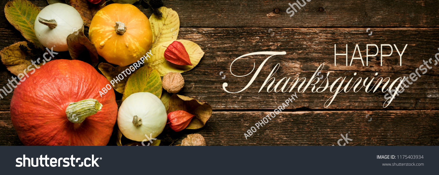 Autumn Harvest and Holiday still life. Happy Thanksgiving Banner. Selection of various pumpkins on dark wooden background. Autumn vegetables and seasonal decorations.  #1175403934