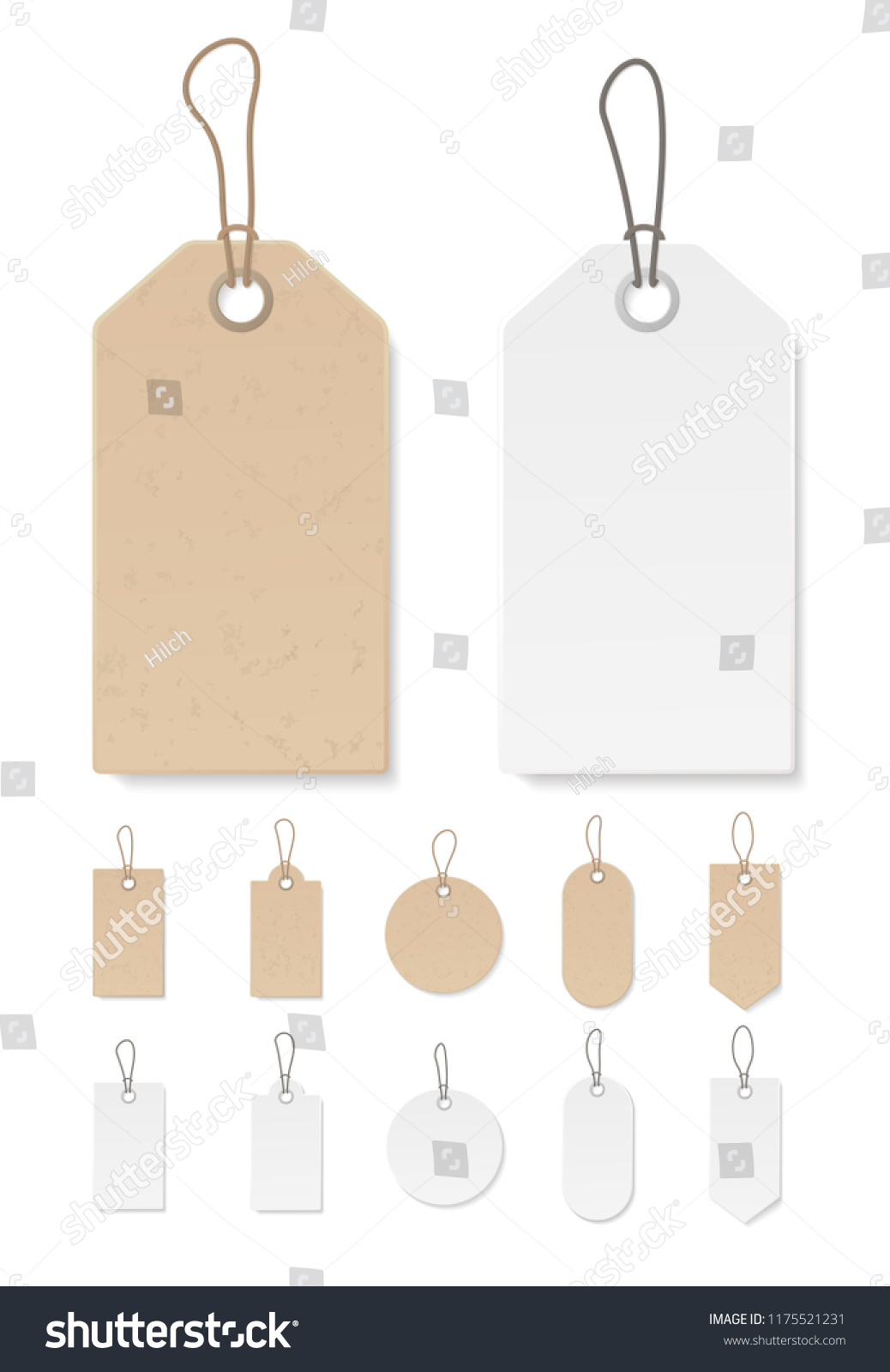 Set of blank gift box tags or sale shopping labels with rope. White paper and brown kraft realistic material. Empty organic style stickers. Flat design isolated vector. #1175521231