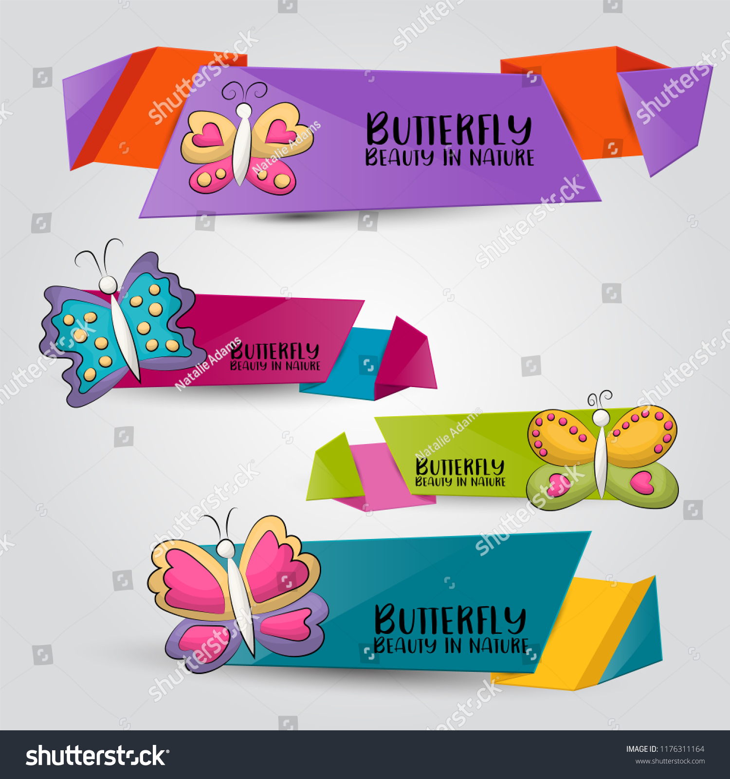 Tropical butterflies horizontal banner set. Cute header for invitation, advertisement, web page. Hand drawn  doodle cartoon style summer or spring design concept. Vector illustration. #1176311164