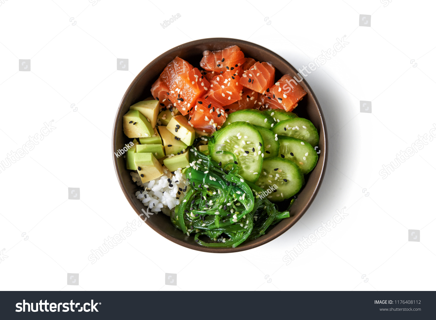 poke bowl with salmon islated on white background. top view #1176408112