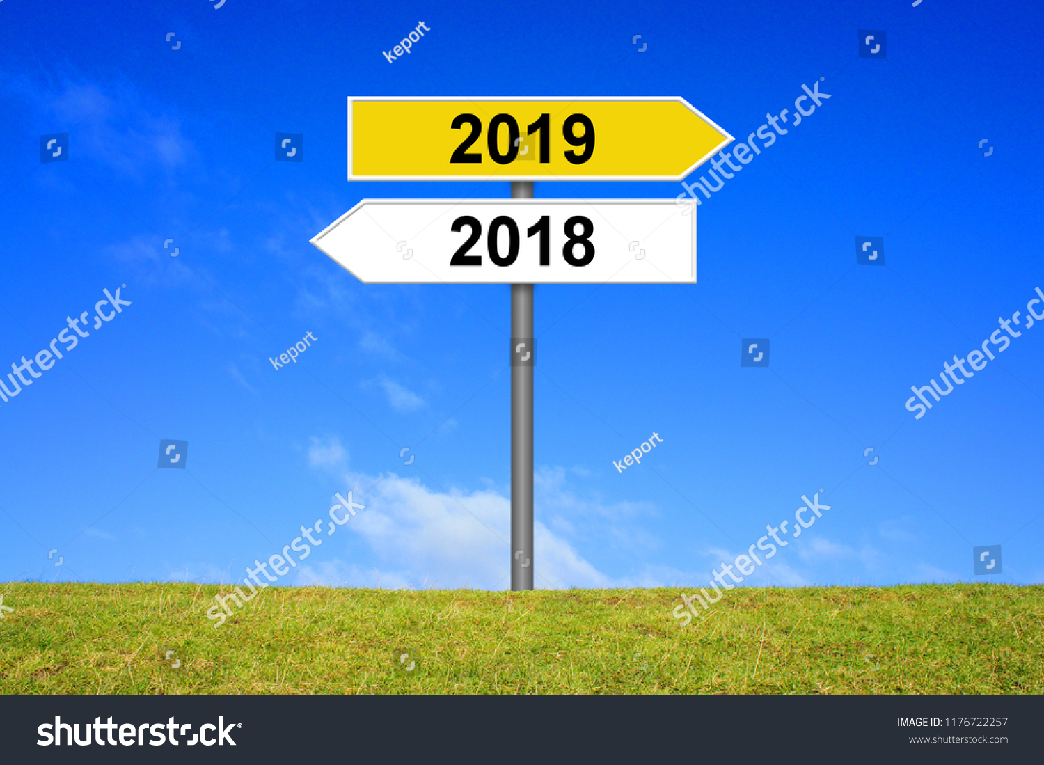 Signpost yellow and white showing old year 2018 and new year 2019 #1176722257