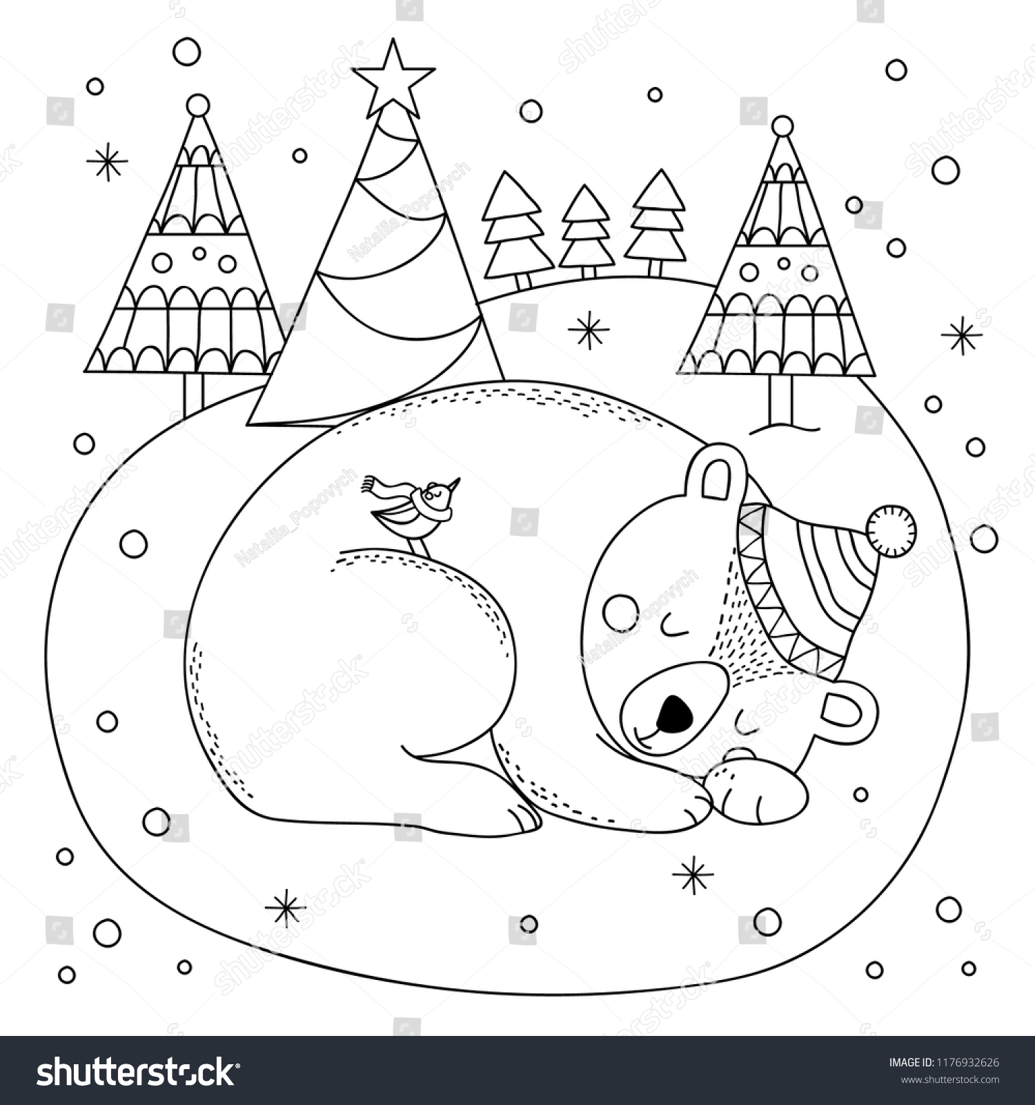 Coloring page of cute polar bears. Hand drawn vector illustration of the polar bear. #1176932626