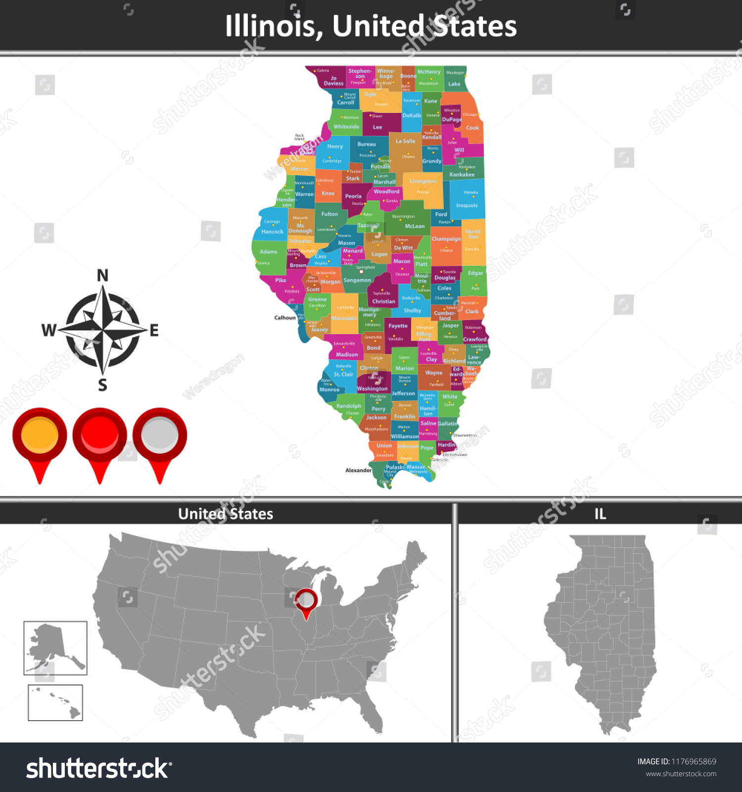 Vector map of Illinois with counties and - Royalty Free Stock Vector 