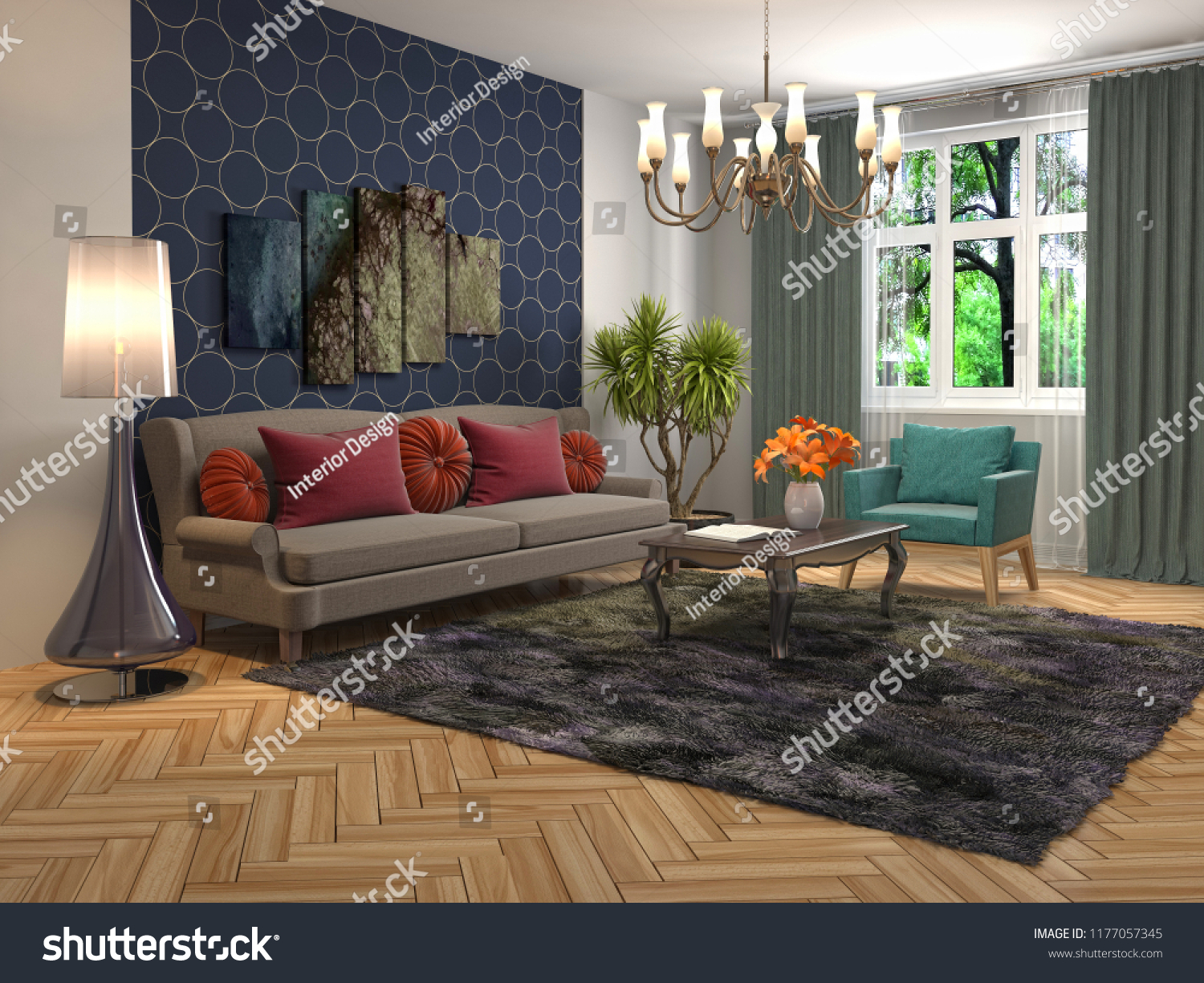 Interior of the living room. 3D illustration #1177057345