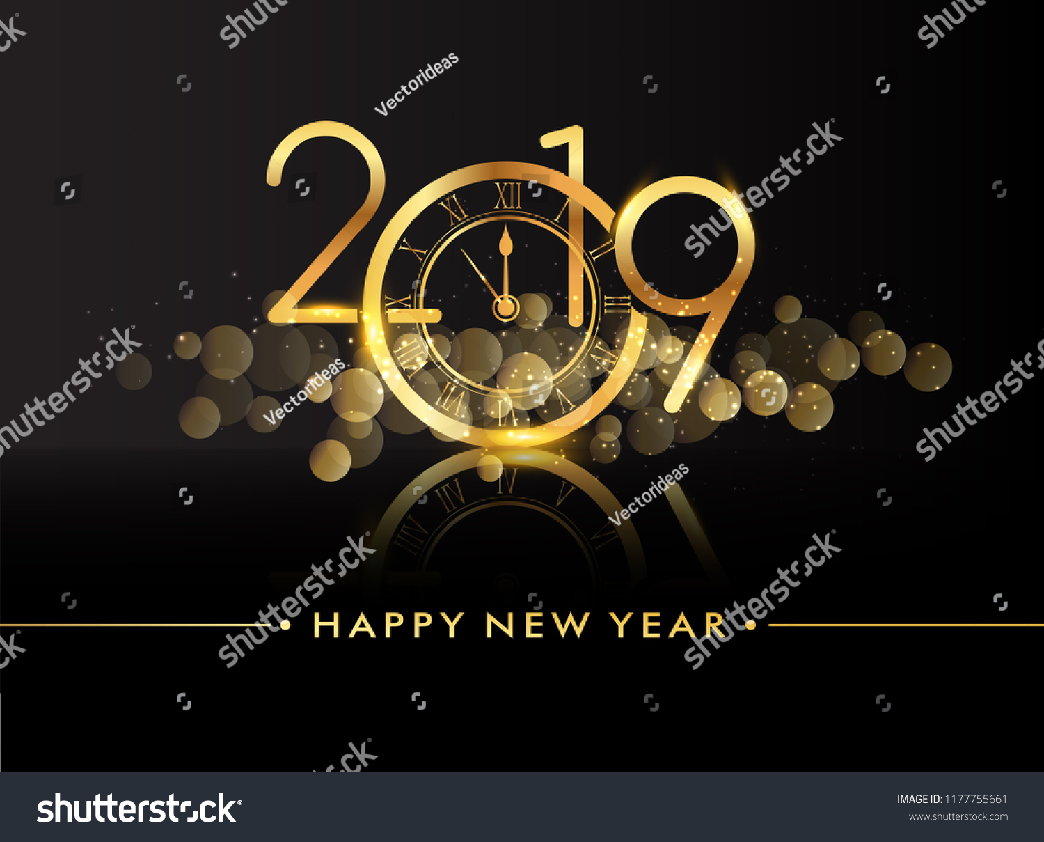 Happy New Year 2019 with glitter isolated on black background, text design gold colored, vector elements for calendar and greeting card. #1177755661