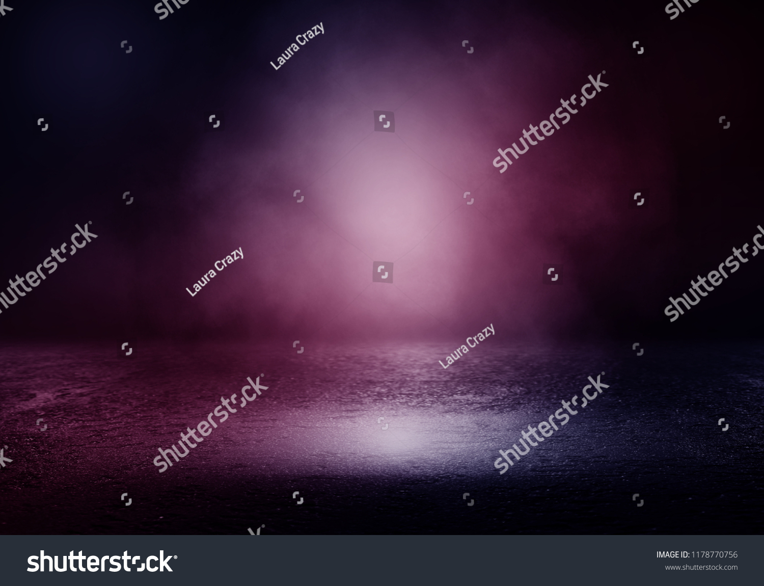 Background of an empty room with smoke and neon light. Dark purple abstract background #1178770756