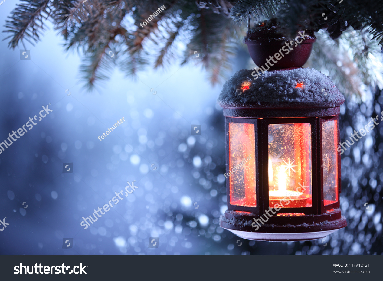 Christmas lantern with snowfall,Closeup. #117912121