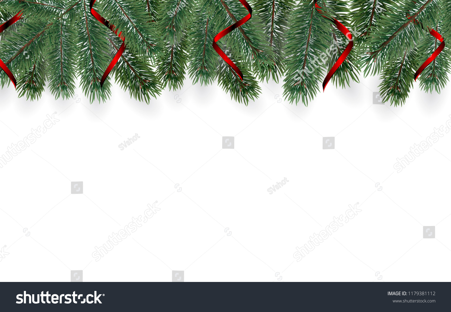Christmas decoration. Banner with detailed christmas tree branches isolated on white. Realistic fir tree border. Vector New Year design for christmas cards, banners, flyers, party posters, headers. #1179381112