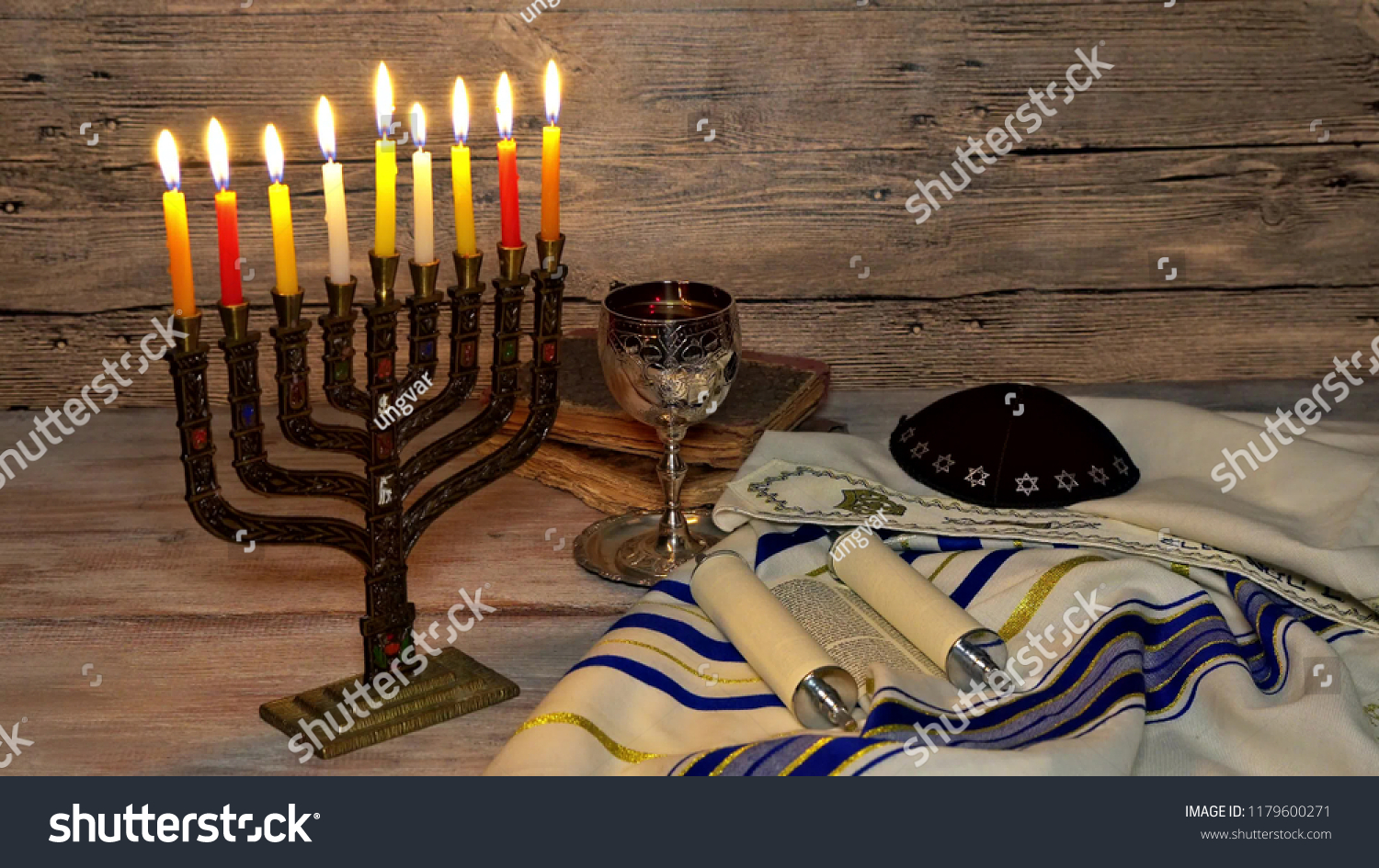 Jewish holiday, Holiday symbol Hanukkah Brightly Glowing Hanukkah Menorah #1179600271