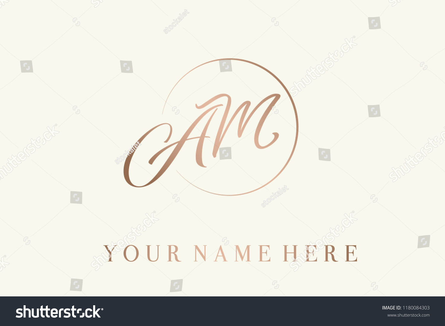 AM calligraphic monogram in rose gold metallic color.Logo with elegant letter a and letter m in a circular frame.Emblem style lettering vector icon isolated on light background. #1180084303