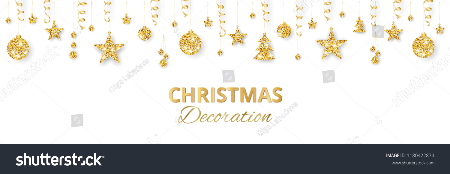 Christmas golden decoration isolated on white background. Hanging glitter balls, trees, stars. Holiday vector frame for party posters, headers, banners. Winter season sparkling ornaments on a string. #1180422874
