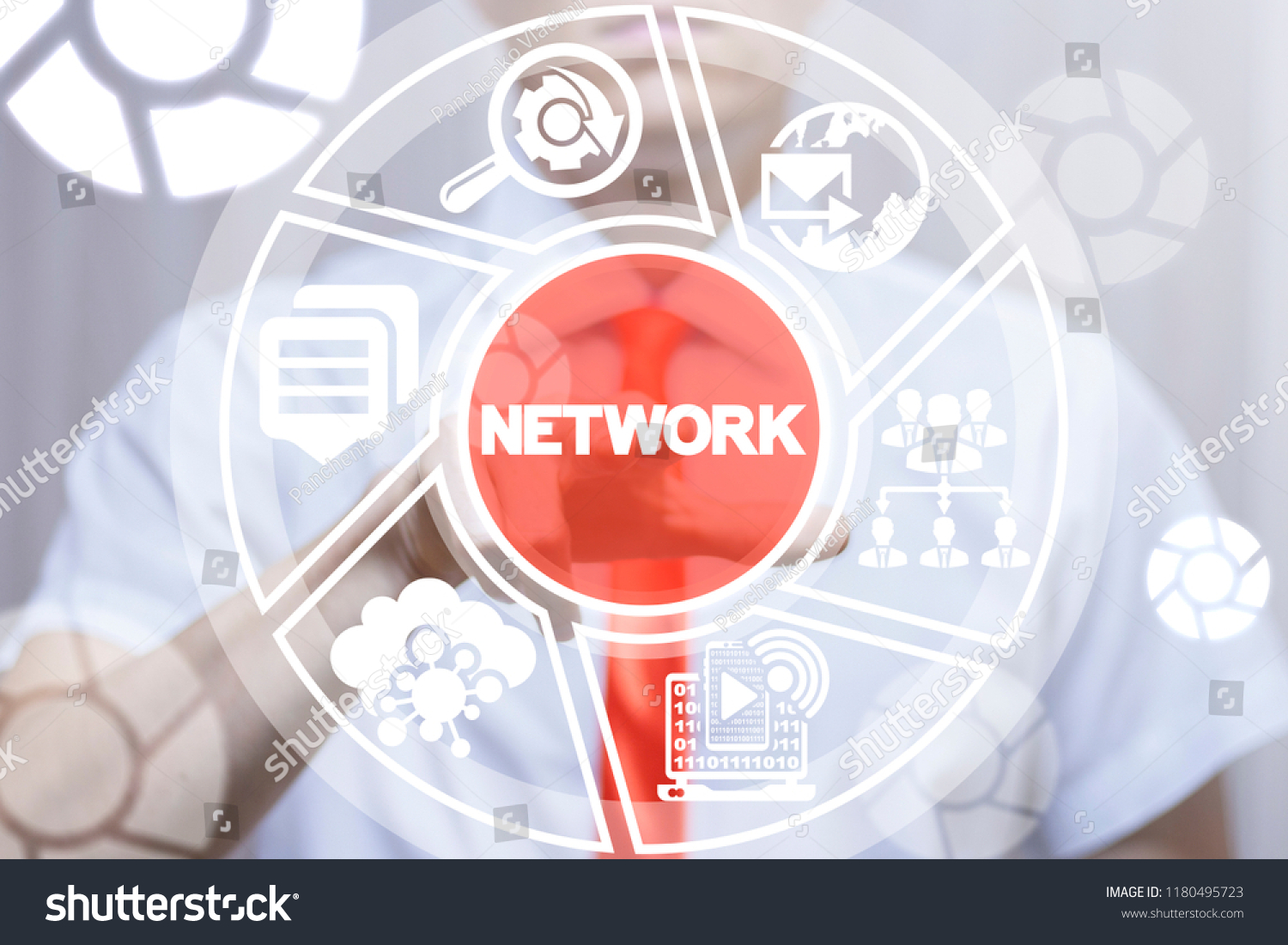 Man clicks a network word button on a virtual round panel. Connection Network Social Cloud Business Communication Technology. Networking and Interaction concept. #1180495723