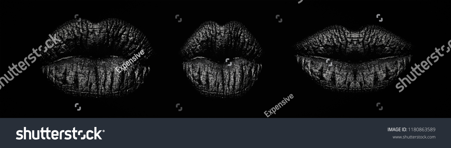 Set of woman's mouth. Black lip kiss from young female. Closeup view of sexual beautiful female open closed lips isolated on studio black background. Professional make up. Kisses pattern. Mouth icon. #1180863589
