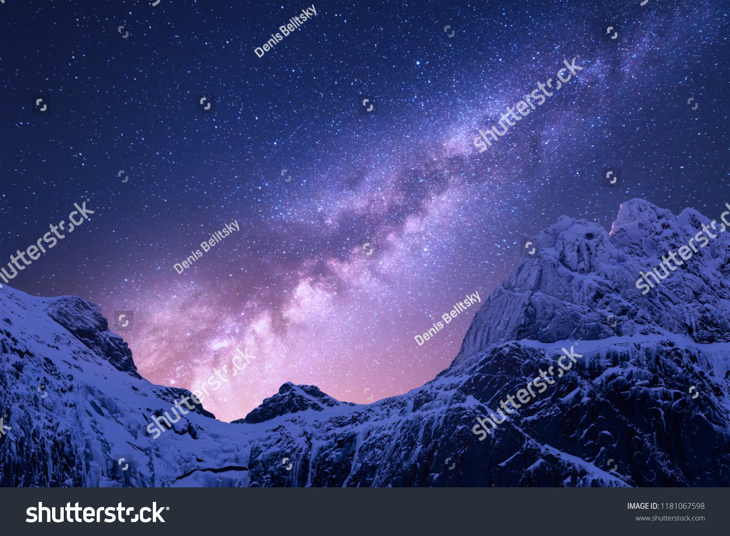 Milky Way above snowy mountains. Space. Fantastic view with snow covered rocks and starry sky at night in Nepal. Mountain ridge and sky with stars in Himalayas. Landscape with purple milky way. Galaxy #1181067598