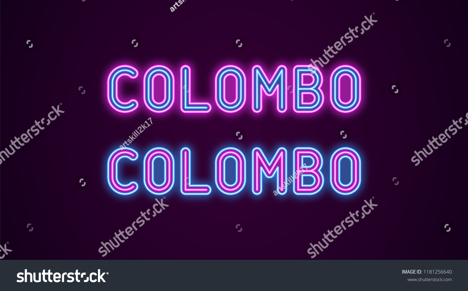 Neon name of Colombo city in Sri Lanka. Vector illustration of Colombo inscription in Neon style with backlight, Blue and Purple colors. Isolated glowing city for decoration of the Diwali festival #1181256640