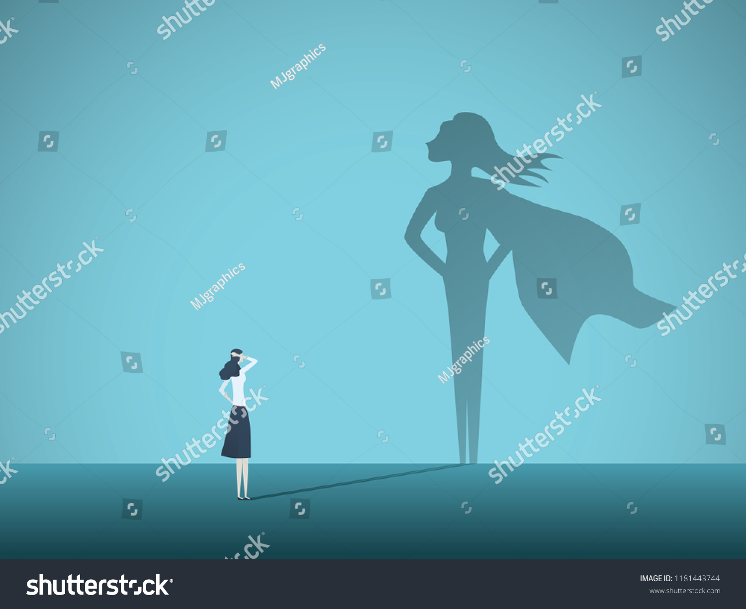 Businesswoman with superhero shadow vector concept. Business symbol of emancipation, ambition, success, motivation, leadership, courage and challenge. Eps10 vector illustration #1181443744
