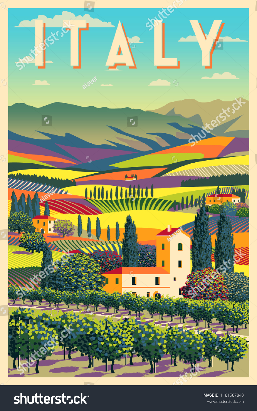 Romantic rural landscape in sunny day in Italy with vineyards, farms, meadows, fields and trees in the background. Handmade drawing vector illustration. Flat design. Poster in the Art Deco style. #1181587840