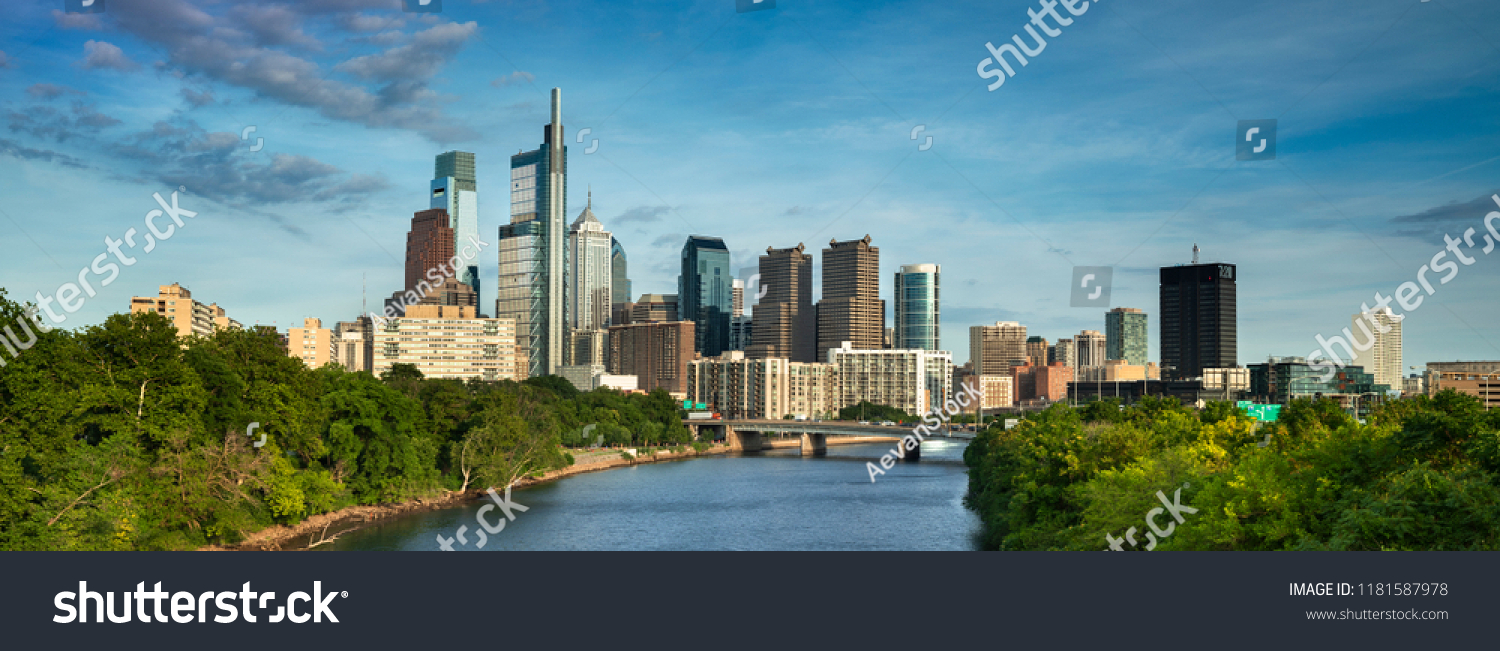 Philadelphia panorama cityscape downtown urban core skyscrapers over the Schuylkill River in Pennsylvania USA #1181587978
