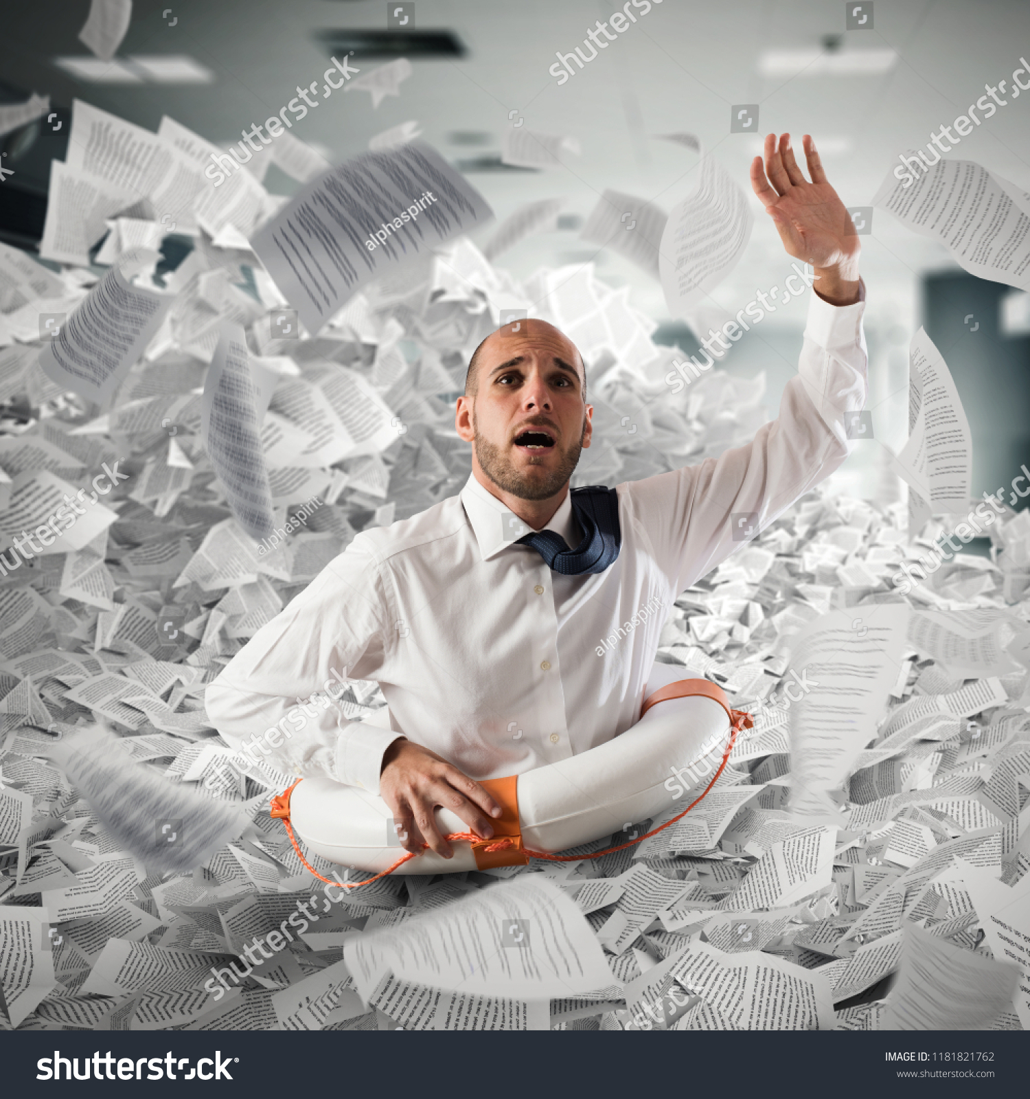 Businessman with lifebuoy sinks between worksheets in office #1181821762