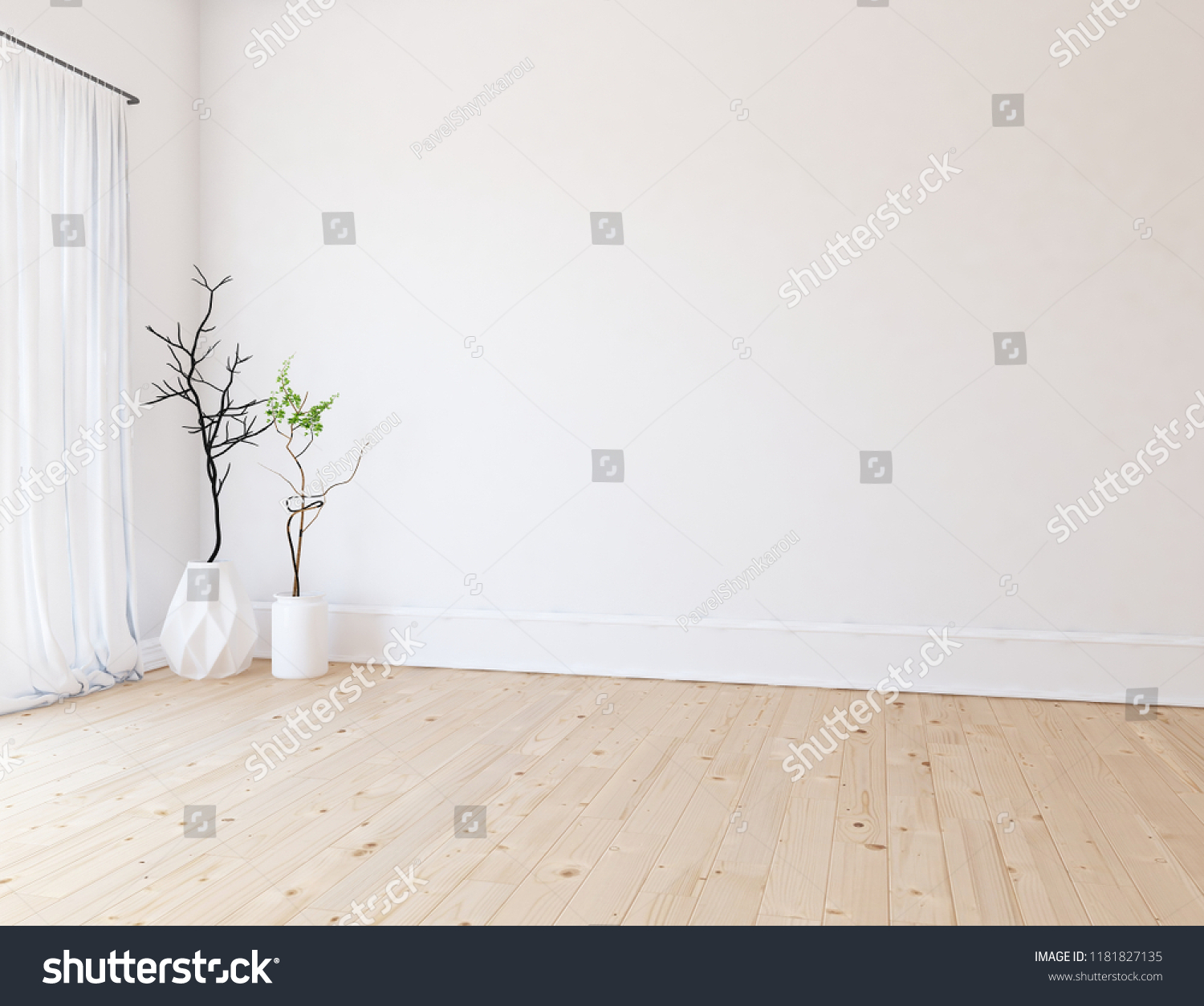 Idea of a white empty scandinavian room interior with vases on the wooden floor and large wall and white landscape in window with curtains. Home nordic interior. 3D illustration #1181827135