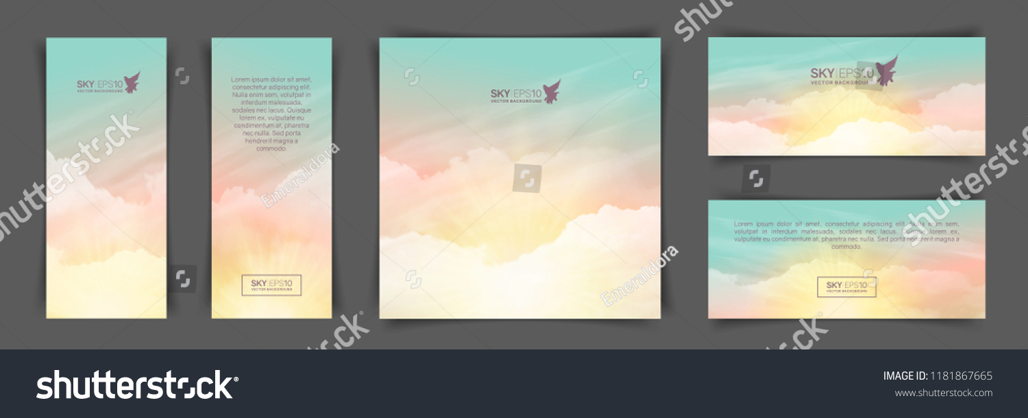 A set of flyers with realistic turquoise-yellow sky and cumulus clouds. The image can be used to design a banner and postcard. #1181867665