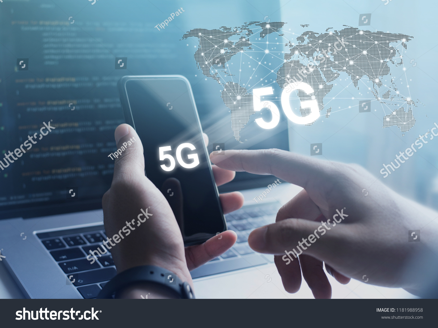 5G High speed internet network communication, man using mobile smartphone with 5G icons flow on virtual screen, worldwide connection. Internet of Things, IoT concept #1181988958