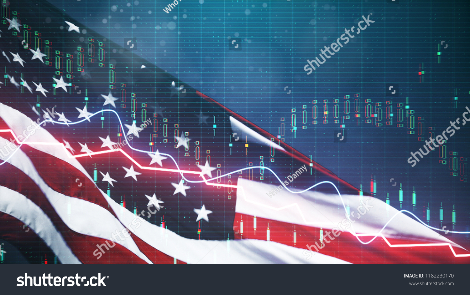 Creative american flag with forex chart on blurry background. USA economy and dollar concept. Double exposure  #1182230170
