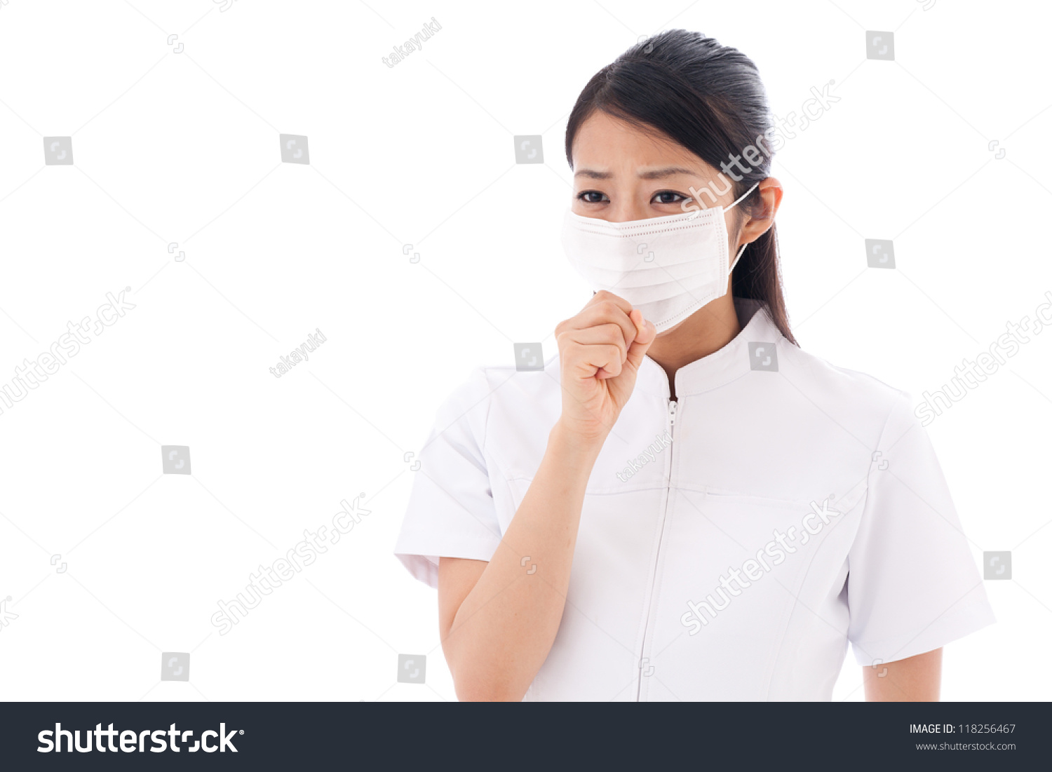 attractive asian nurse taking mask on white background #118256467