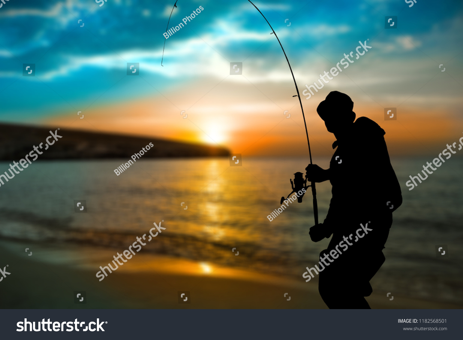 Silhouette of fishing man on coast #1182568501