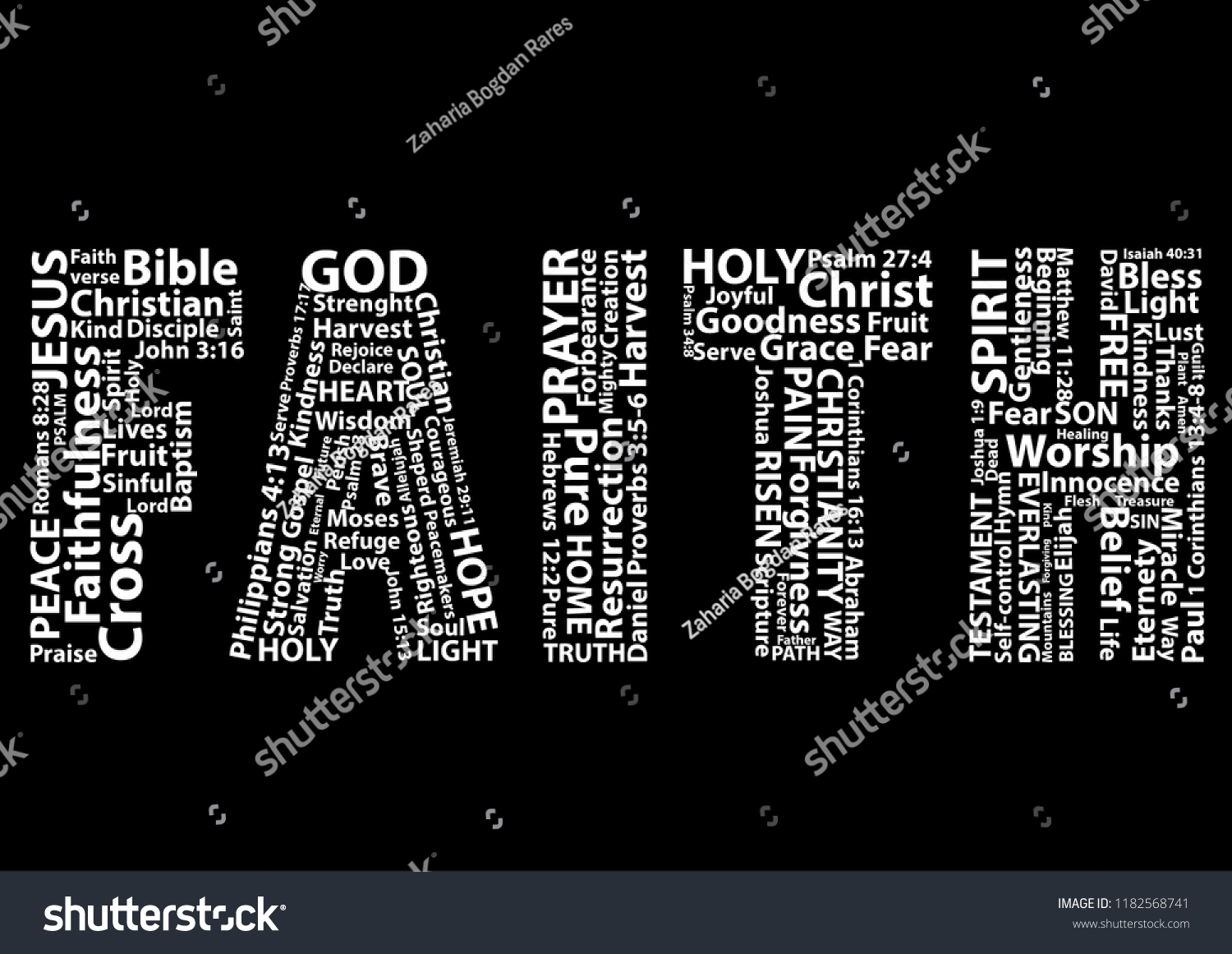 Word faith in white written with christian words on black background. Christian background #1182568741