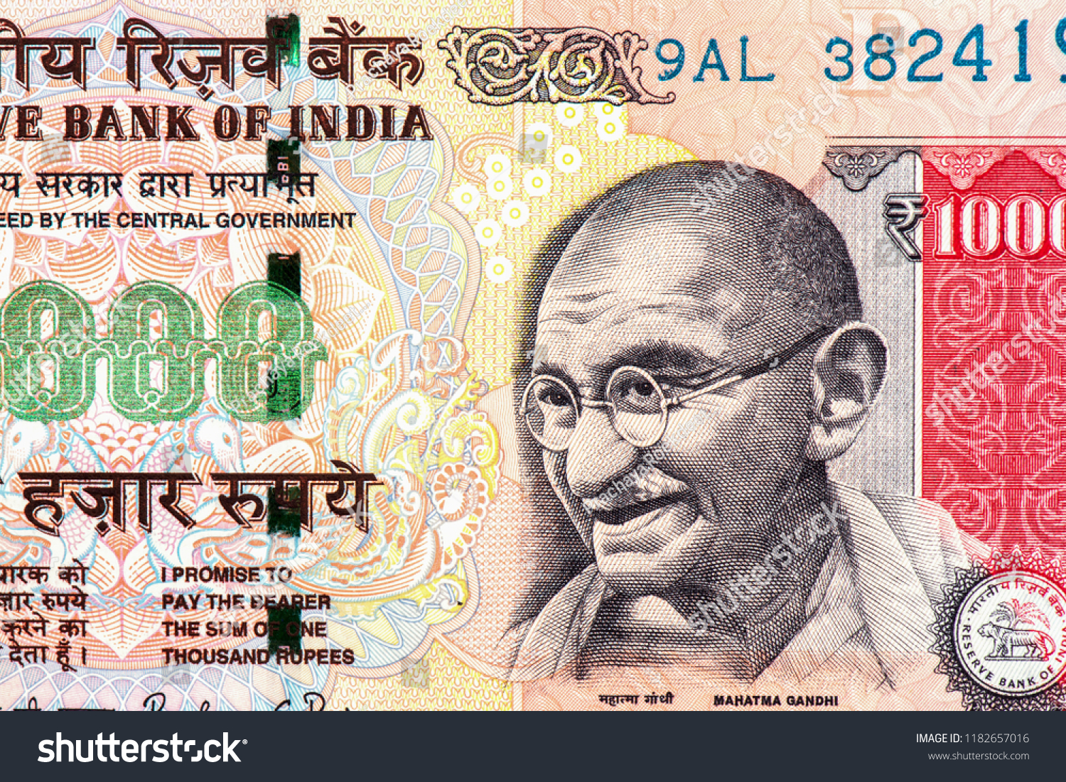Mahatma Gandhi, Portrait from India 1000 Rupee is the national currency of India. Close Up UNC Uncirculated - Collection.
 #1182657016