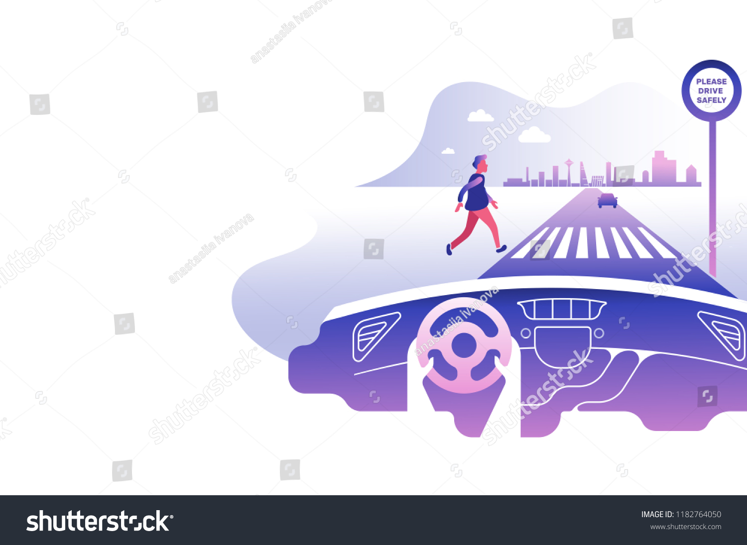 Dashboard car and driver.Hands driving a car on the highway. Drive safely warning billboard.Flat vector illustration. Car on asphalt road with speed limit on highway car interior.Gradient background