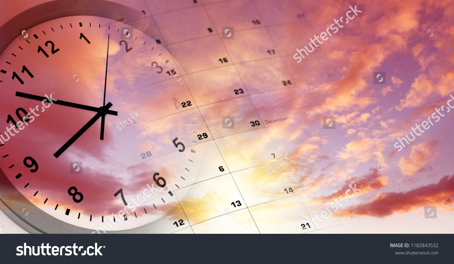 Clock and calendar in bright sky. Time passing #1182843532