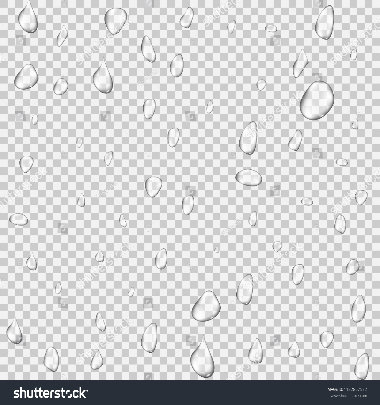 Realistic rain water drops transparent background. Reflection clean drop condensation bubble set. Vector illustration #1182857572