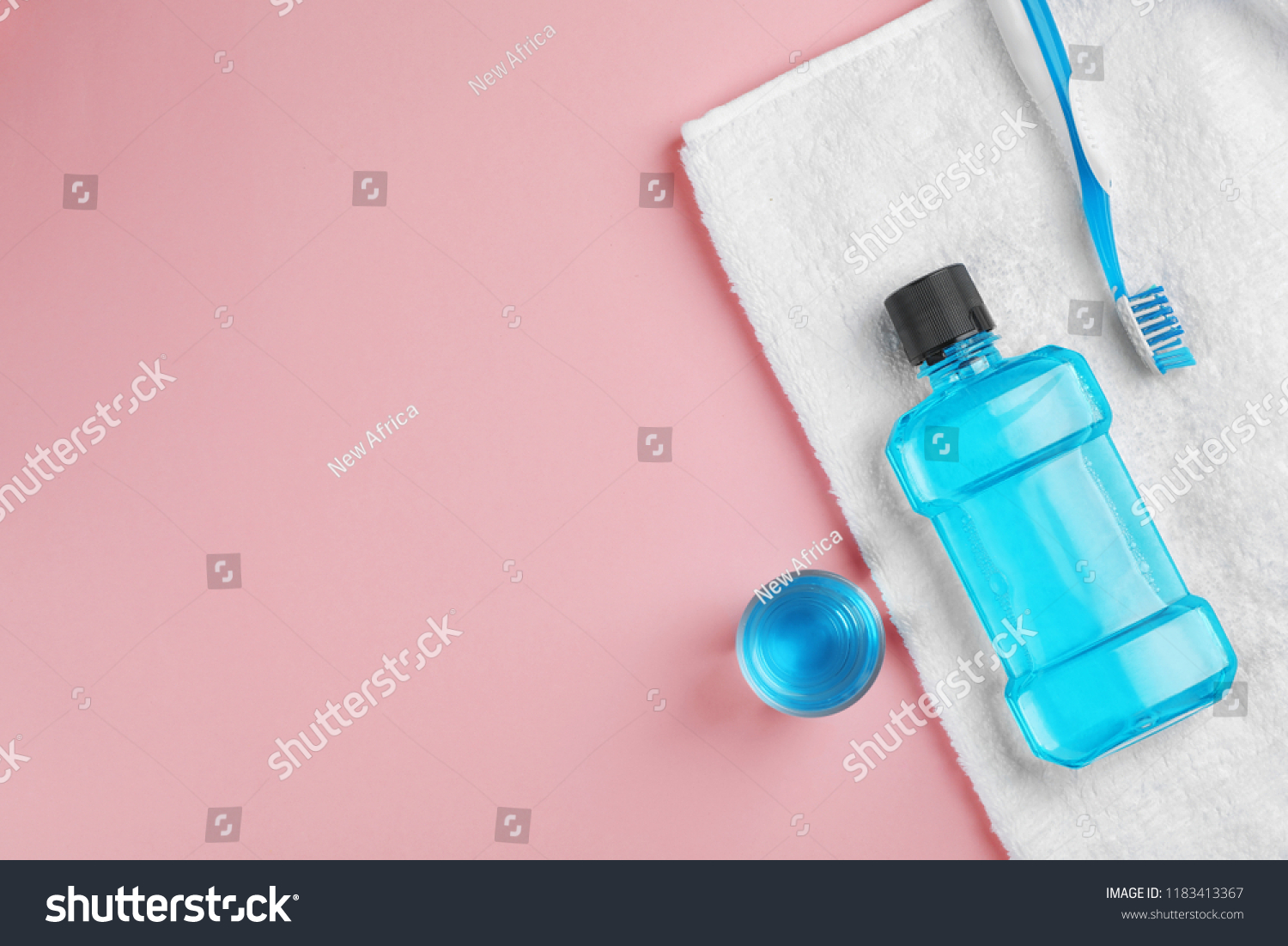 Flat lay composition with oral care products and space for text on color background. Teeth hygiene #1183413367