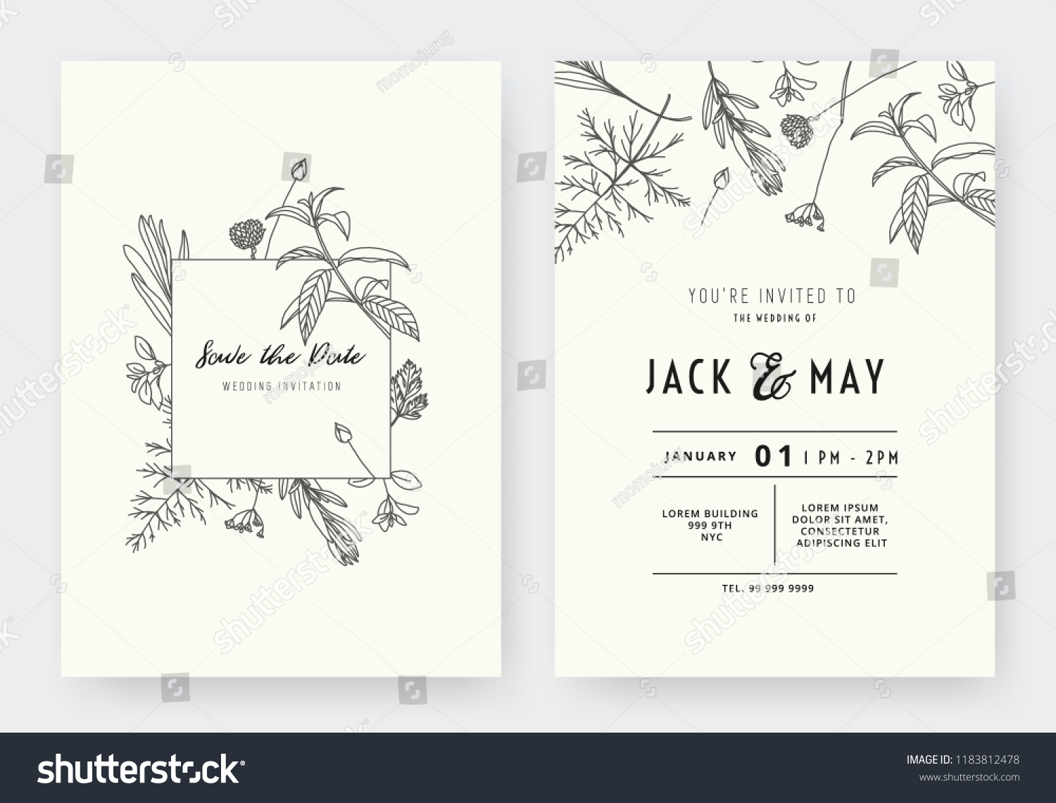 Minimalist wedding invitation card template design, floral black line art ink drawing with square frame on light grey #1183812478