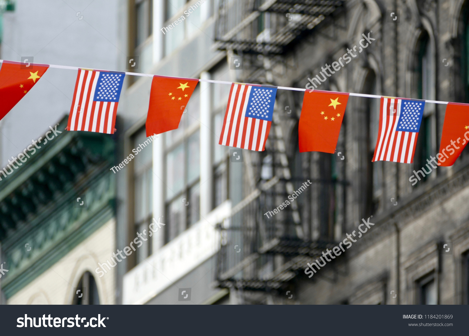 Flags of USA and China Hanging Next to Each Other in Chinatown, New York, USA #1184201869