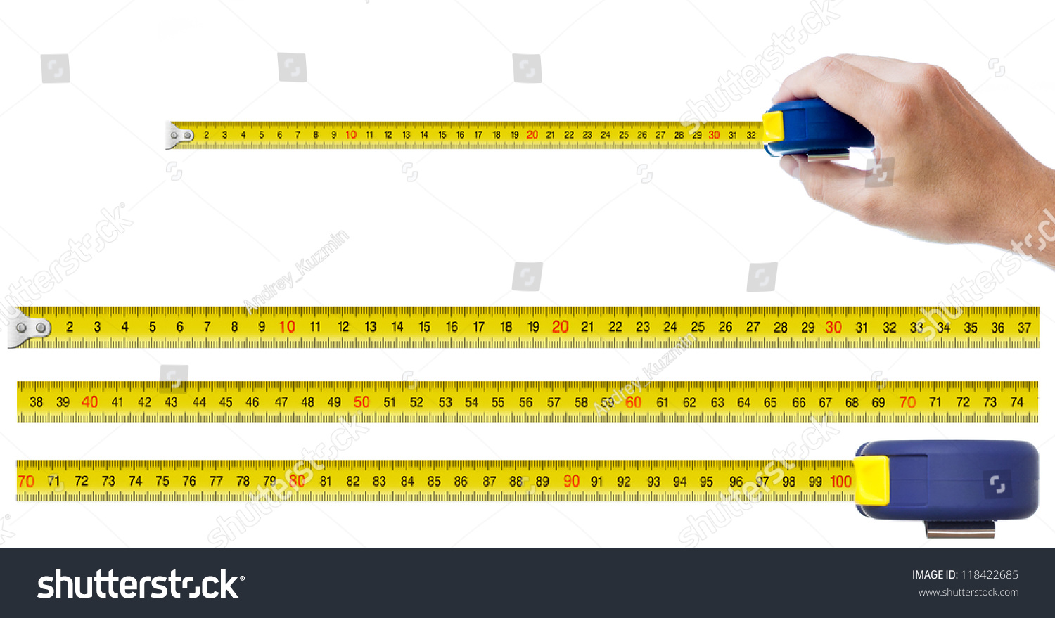 human hand with tape-measure and set of pieces allowing to make any size of tape up to one meter #118422685