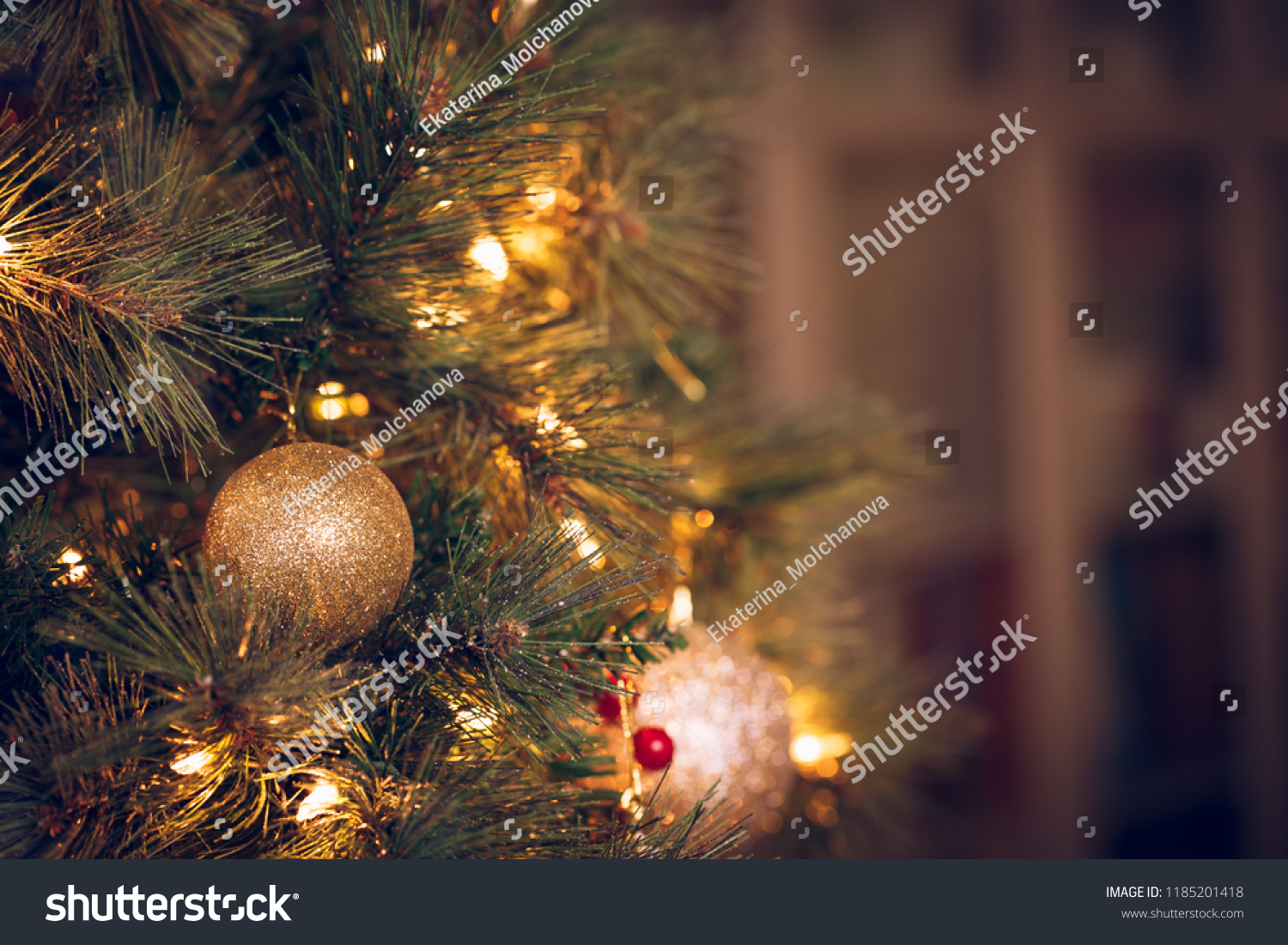 Seasonal background with Christmas toys on the tree. Celebration concept. Soft focus. Horizontal #1185201418