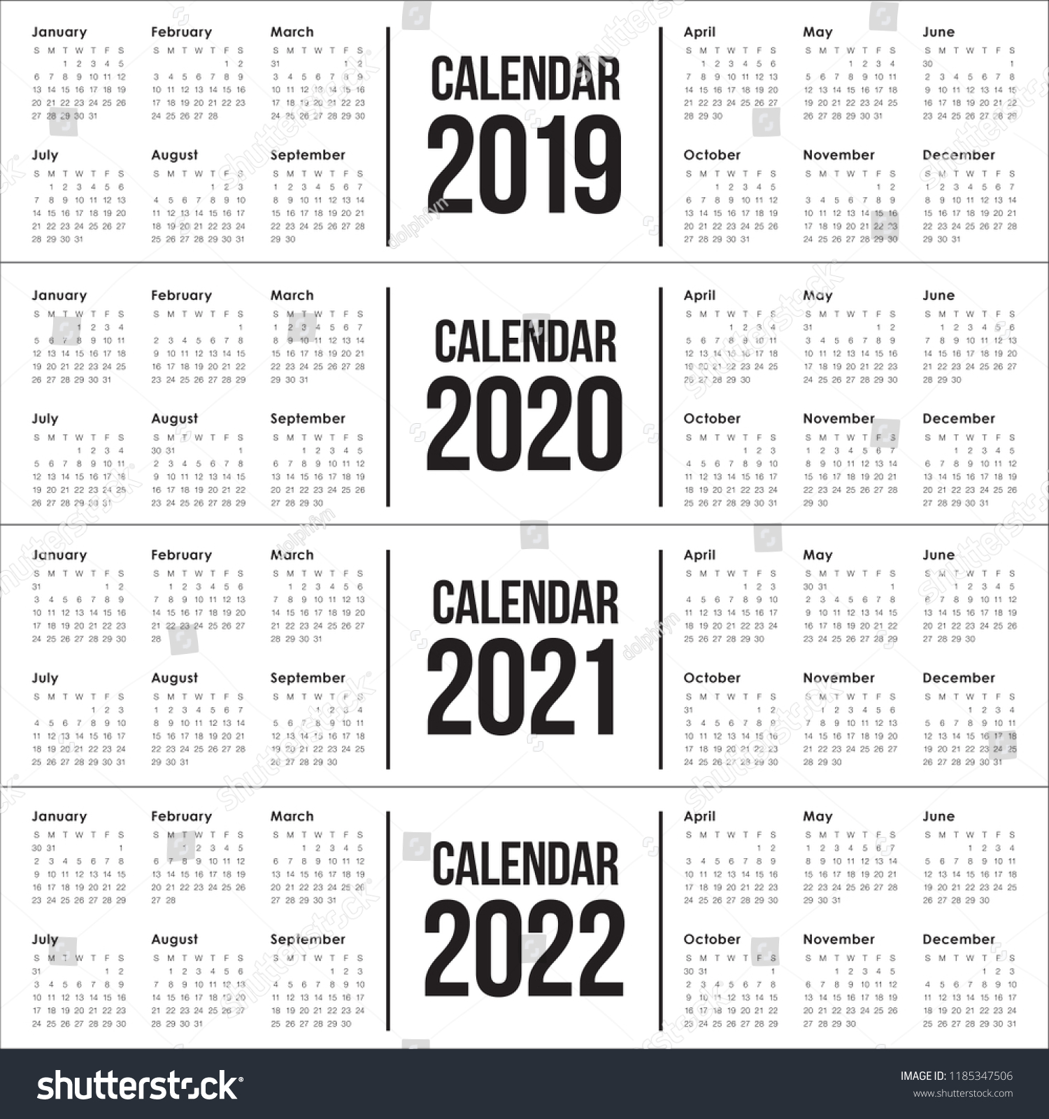 Year 2019 2020 2021 2022 calendar vector design - Royalty Free Stock ...