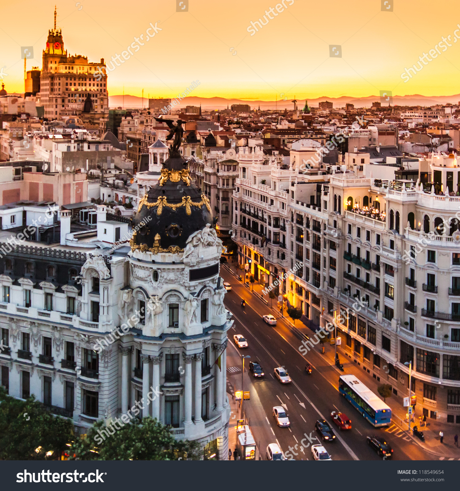 Panoramic aerial view of Gran Via, main shopping street in Madrid, capital of Spain, Europe. #118549654