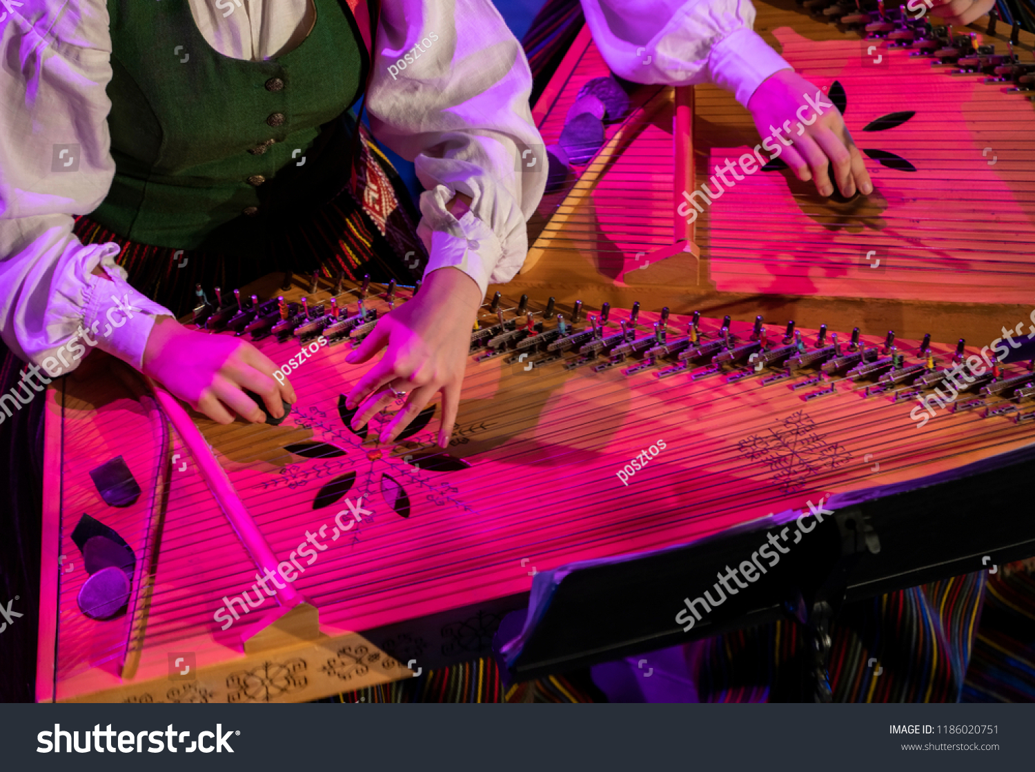 Hand playing on kokle a Latvian plucked string instrument belonging to the Baltic box zither family. #1186020751
