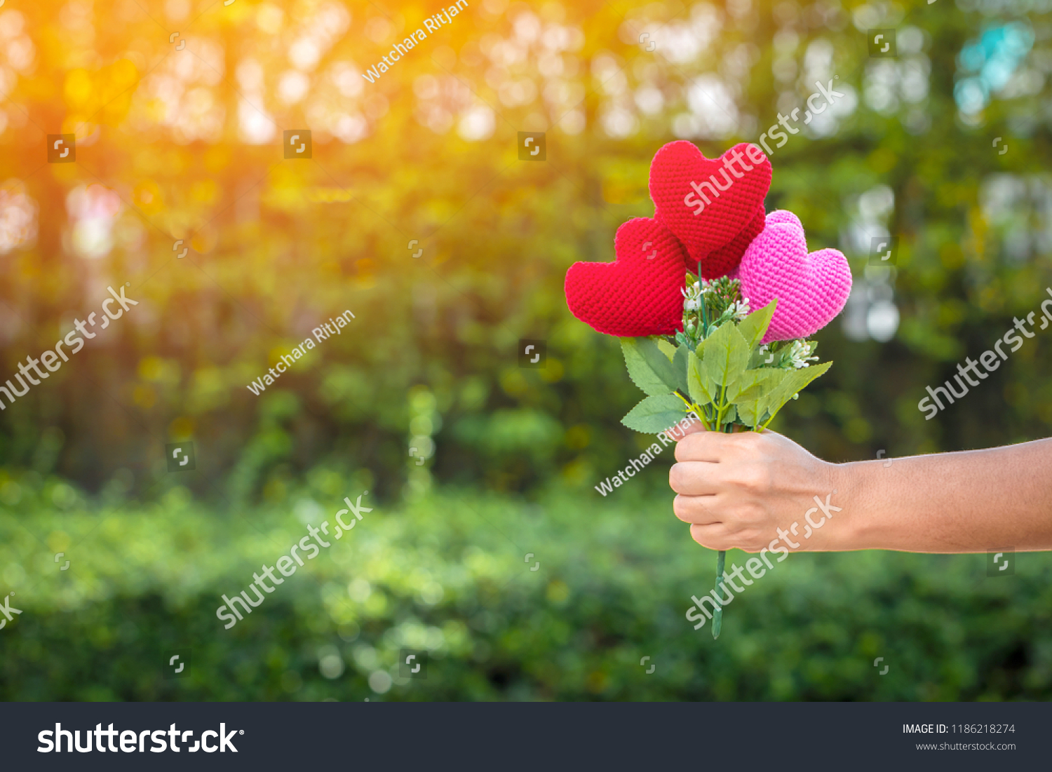 Woman hand holding a flower of heart on sunlight in the public park, for give supporting when people get who lack of desire with love concept. #1186218274