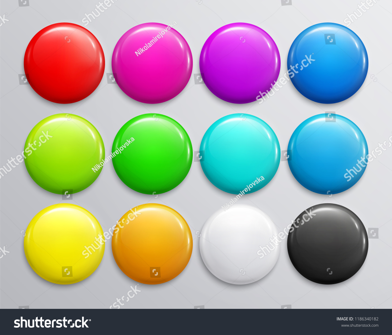 Big set of colorful glossy badge or button. 3d render. Round plastic pin, emblem, volunteer label. Vector. #1186340182
