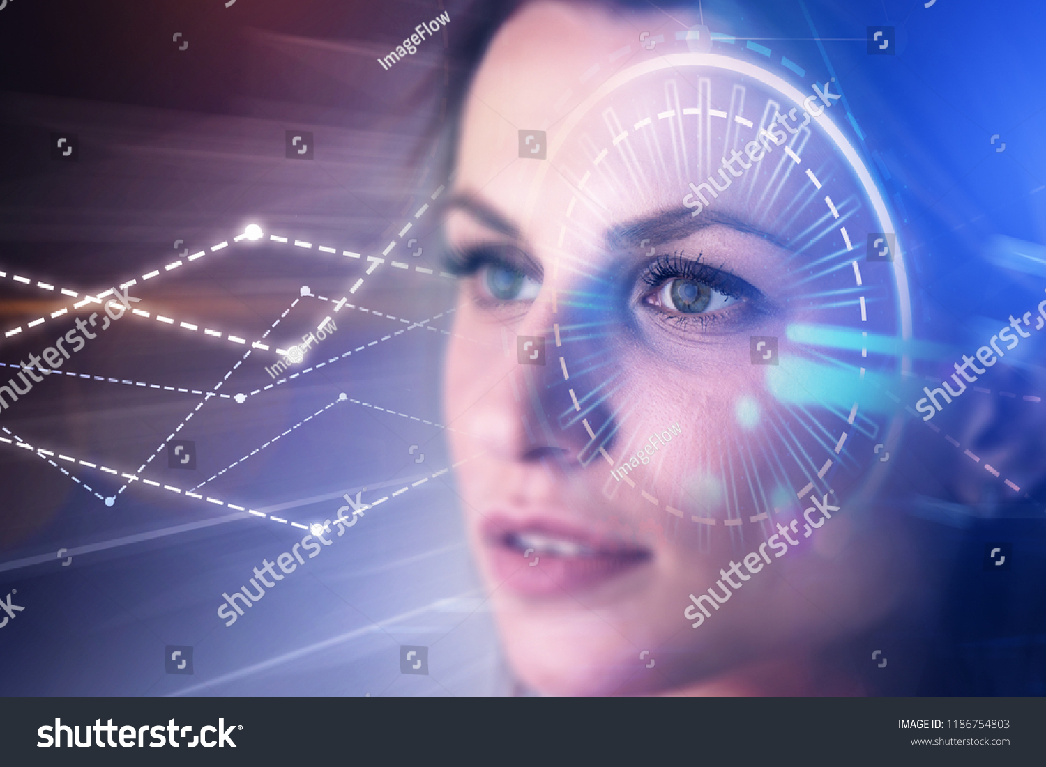 Portrait of young woman with dark hair looking forward. Gui and hud immersive interfaces and graphs over blurred background. Fintech concept. Toned image double exposure copy space #1186754803