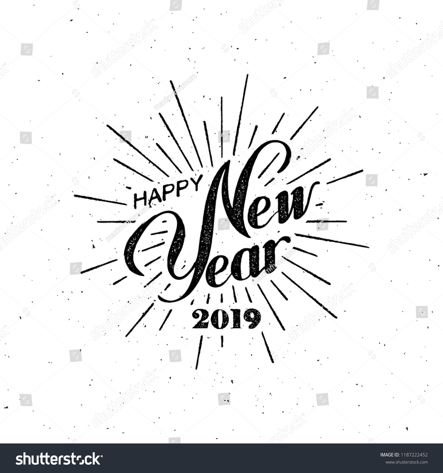 Happy 2019 New Year. Holiday Vector Illustration With Lettering Composition And Burst. Vintage festive label #1187222452