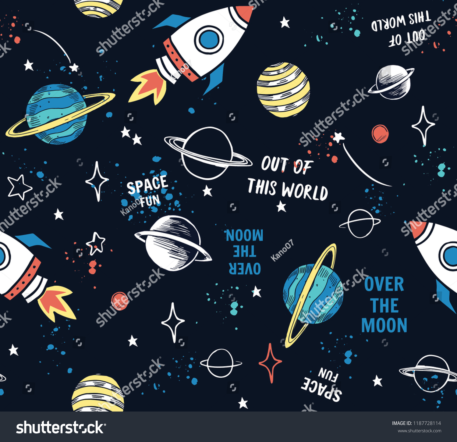 Hand drawn space elements seamless pattern. Space background. Space doodle illustration. Vector illustration. Seamless pattern with cartoon space rockets, planets, stars, slogans #1187728114