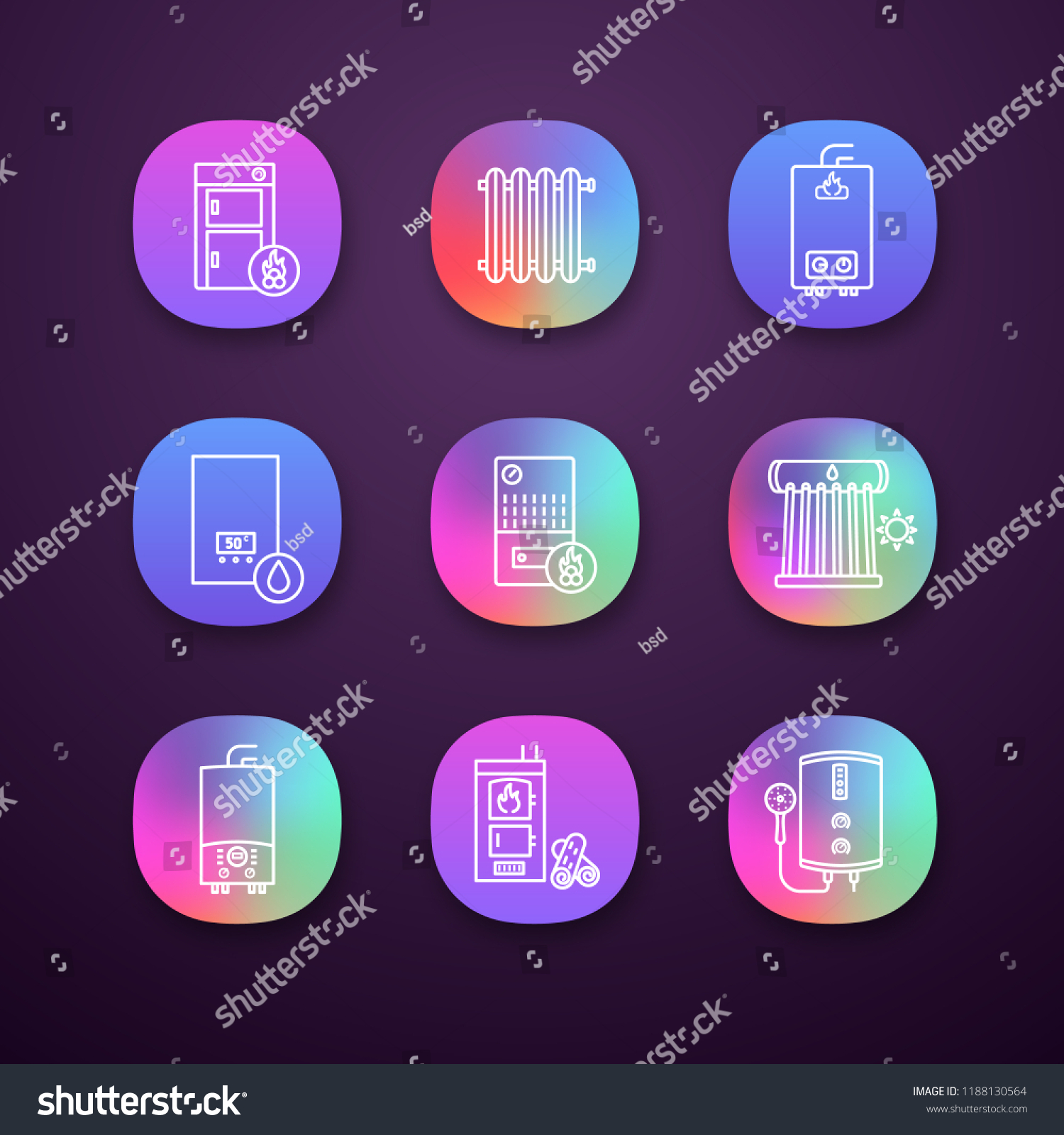 Heating app icons set. UI/UX interface. Boilers, radiators, water heaters. Gas, electric, solid fuel, pellet, boilers. Commercial, industrial and domestic central heating systems. Vector illustrations #1188130564