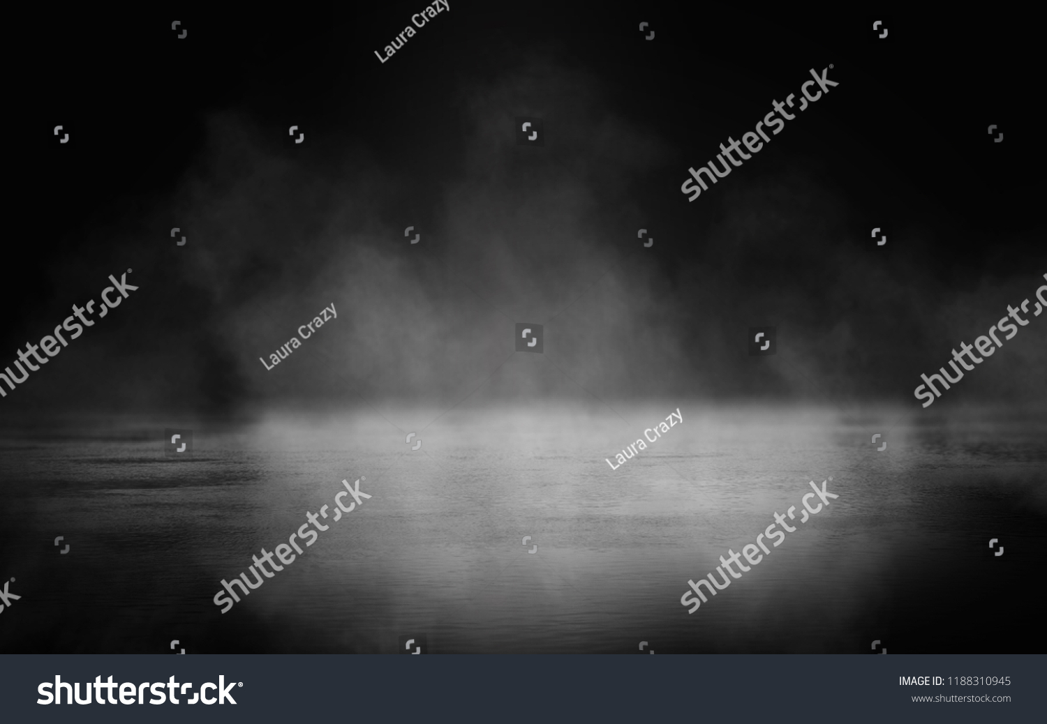 Background of an empty dark room. Empty walls, lights, smoke, glow, rays
 #1188310945
